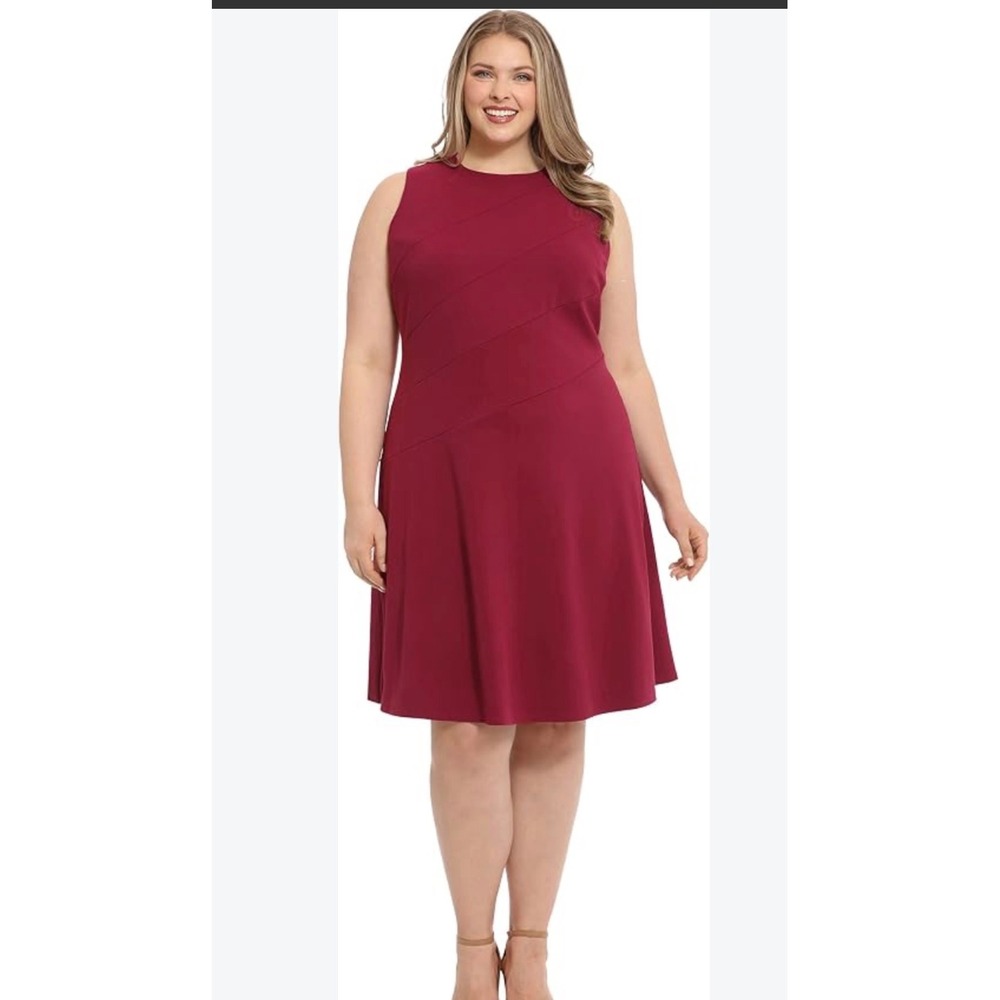 London Times Woman Magenta Pink Sleeveless Pleated Fit Flare Dress 16W NEW